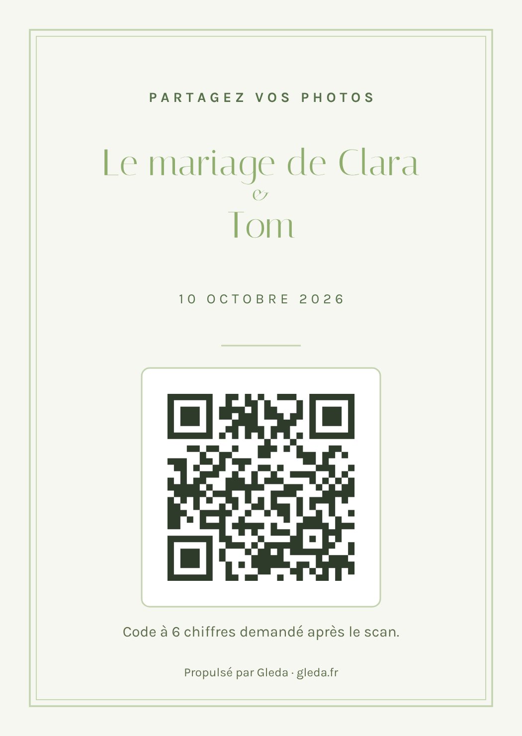 La carte A6 à imprimer, aux couleurs de la galerie, avec le titre, la date et le QR code