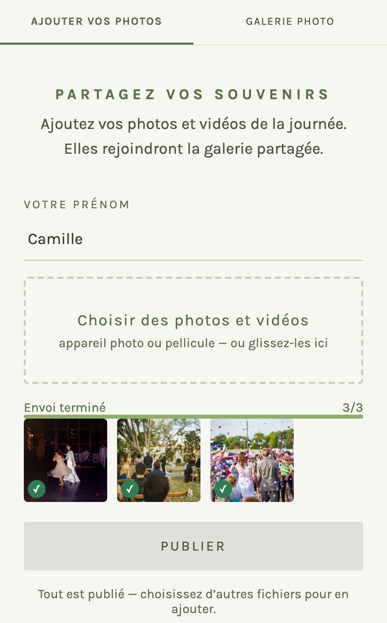 Un envoi terminé sur un téléphone : les vignettes des photos envoyées, chacune cochée