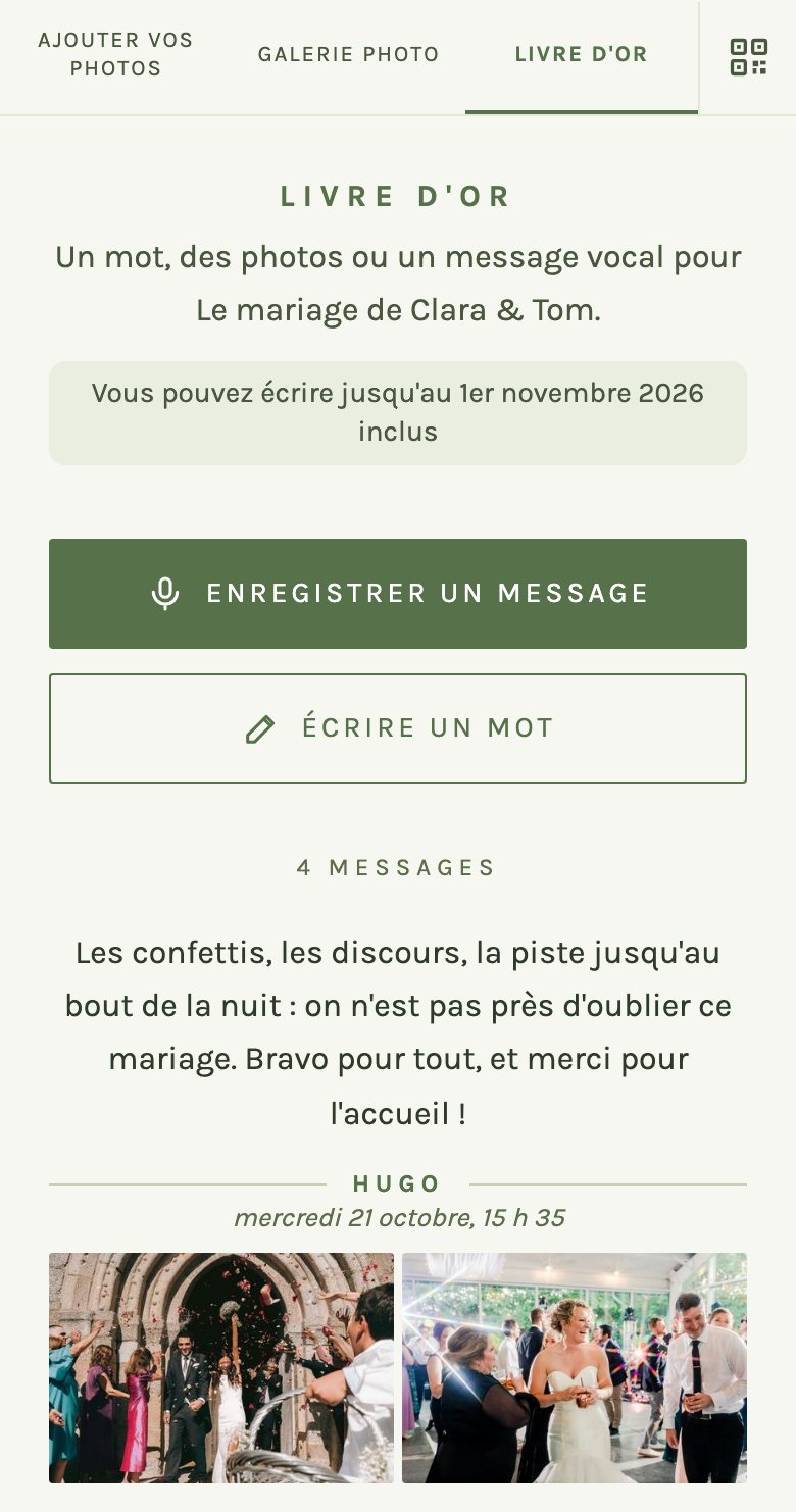 Le livre d'or sur un téléphone : les boutons Enregistrer un message et Écrire un mot, puis un mot signé de son prénom, avec deux photos
