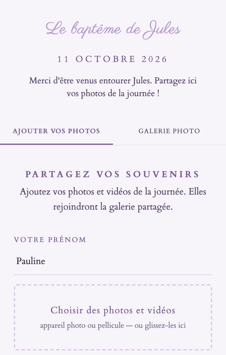 La page invité d'une galerie de baptême, sur un téléphone