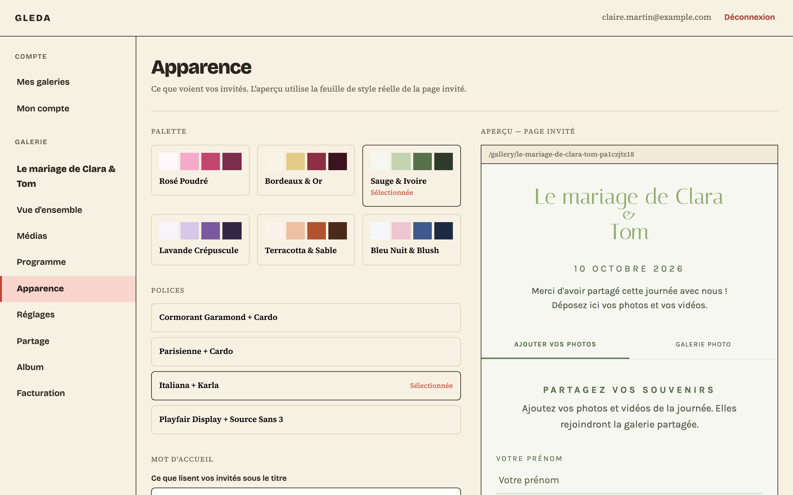 L'écran Apparence sur ordinateur : le choix de la palette et des polices, avec l'aperçu de la page invité