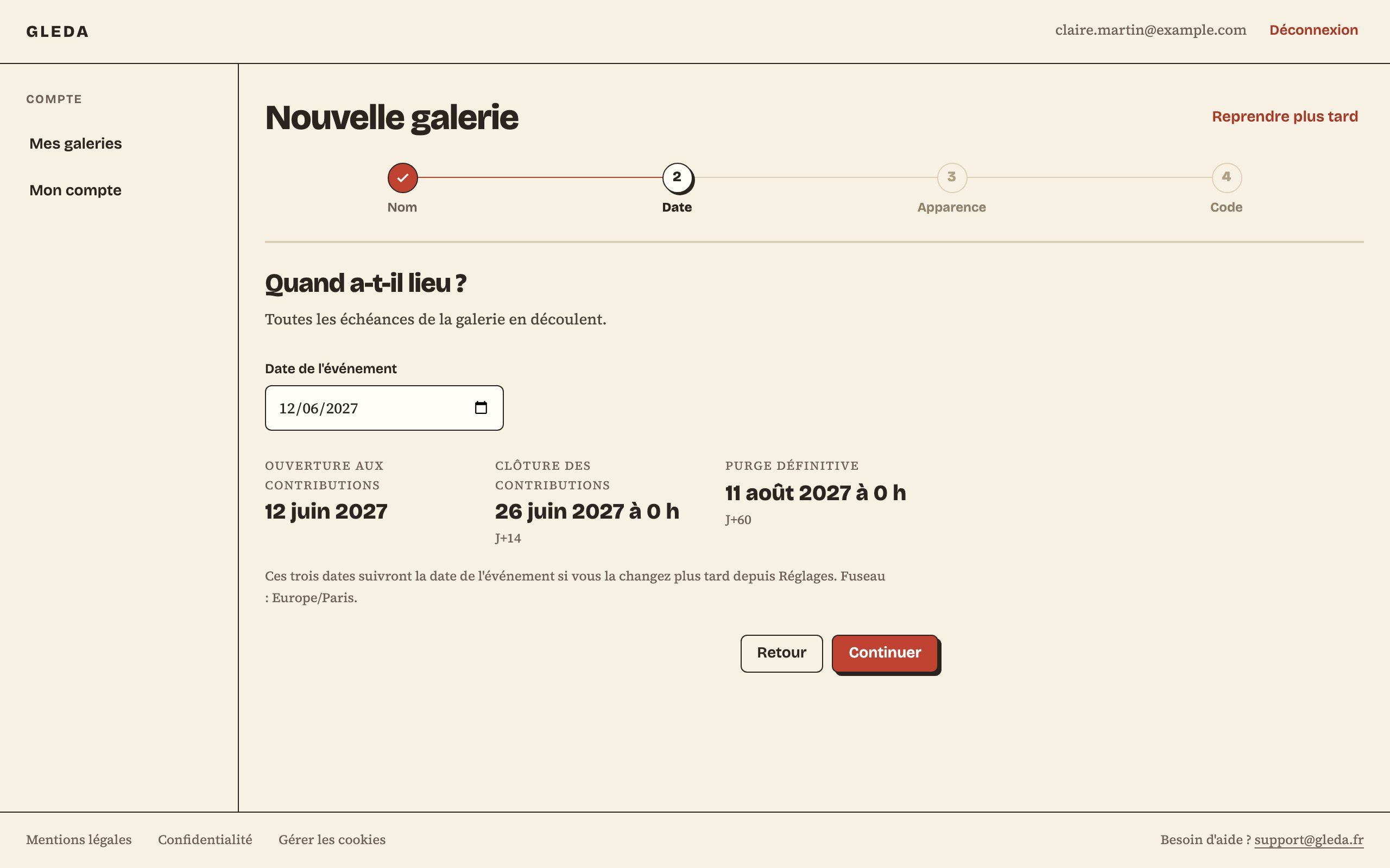 L'assistant de création d'une galerie, avec son fil d'étapes Nom, Date, Apparence et Code