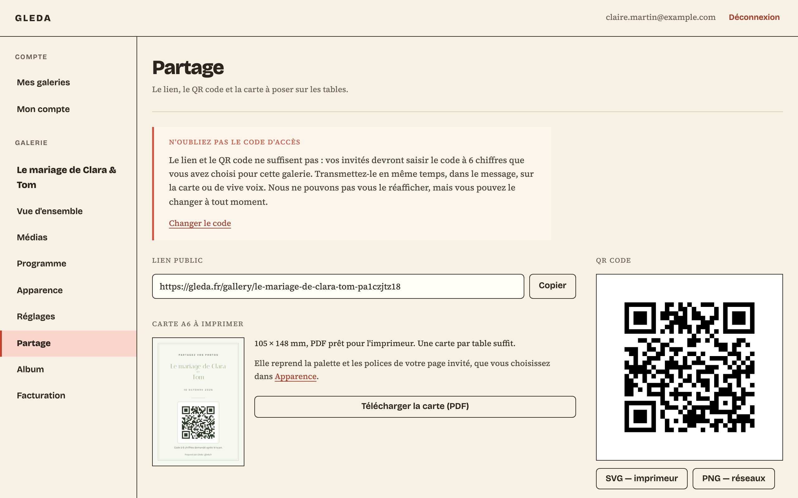 L'écran Partage : le lien public avec son bouton Copier, la carte A6 et le QR code