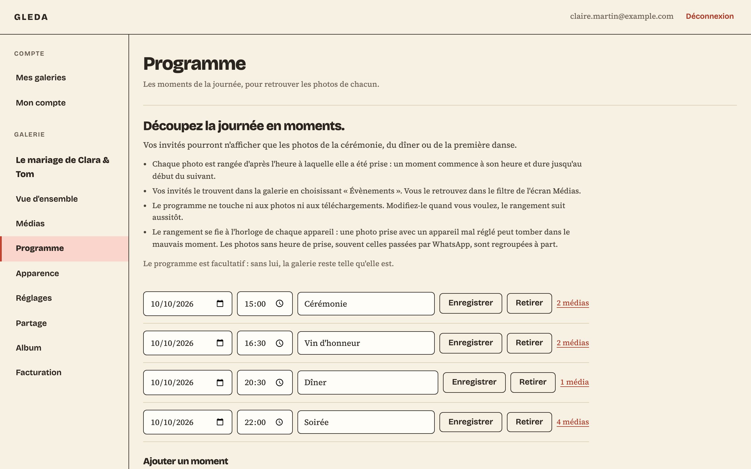 L'écran Programme : la liste des moments datés, chacun avec son heure, son nom et son nombre de médias