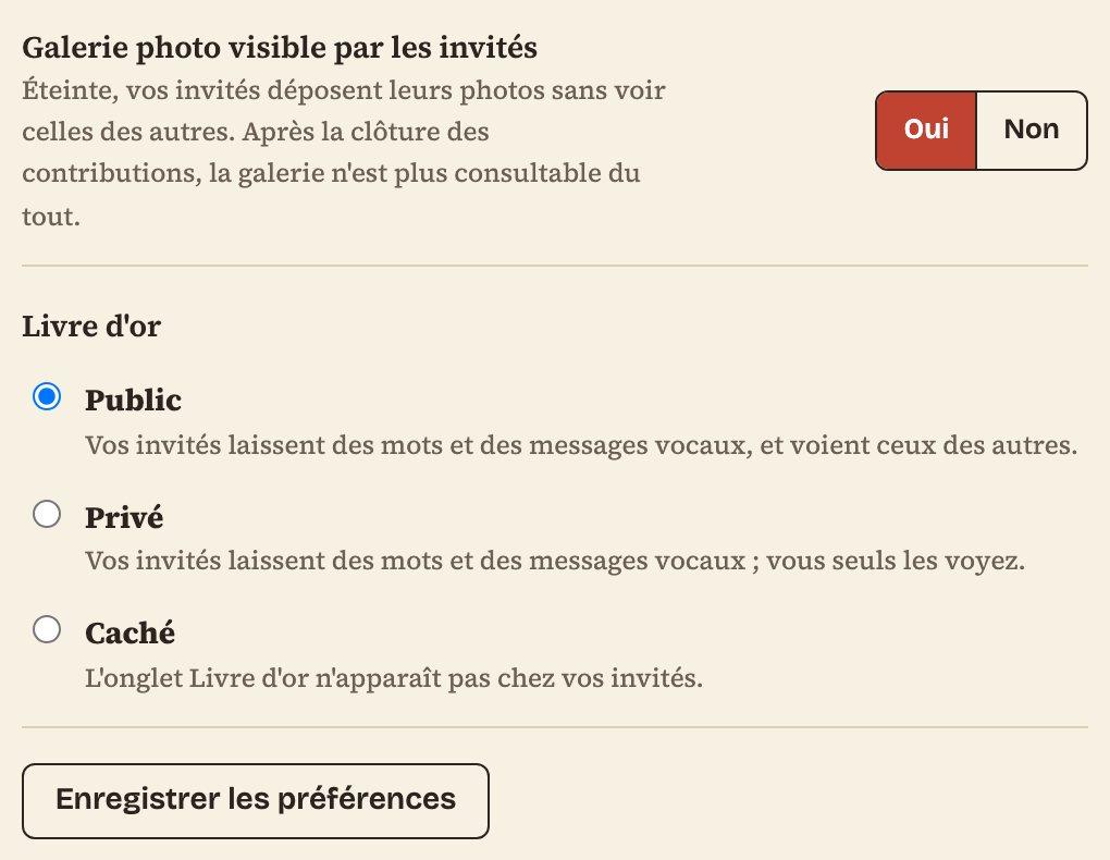 Le bloc Préférences de l'écran Réglages : la galerie photo visible par les invités, puis les trois choix du livre d'or, Public, Privé et Caché